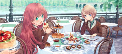 Rule 34 | 2girls, :o, berry, blonde hair, blue eyes, bolo tie, bridge, cake, chair, cherry, colette (komorebi no kuni), colette ehl, eating, face, food, food on face, fruit, green eyes, highres, kiwi (fruit), komorebi no kuni, long hair, looking at viewer, looking back, lulu (komorebi no kuni), lulu (shoutarou), multiple girls, open mouth, pastry, red hair, restaurant, river, school uniform, short hair, sitting, strawberry, sweets, table, tablecloth, tea, tiered tray, tokunou shoutarou