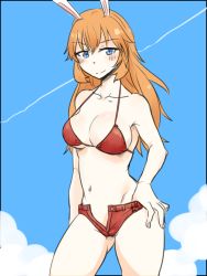 Rule 34 | 1girl, animal ears, bikini, bikini top only, blush, breasts, charlotte e. yeager, cleavage, day, large breasts, long hair, looking at viewer, midriff, navel, open fly, orange hair, pale skin, ponke, rabbit ears, rabbit girl, red bikini, short shorts, shorts, sky, smirk, solo, strap gap, strike witches, swimsuit, thighs, unzipped, world witches series
