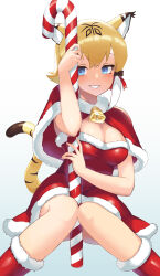 Rule 34 | 1girl, absurdres, alternate costume, animal ear fluff, animal ears, bell, blonde hair, blue eyes, breasts, candy, candy cane, capelet, commentary, dress, food, fur-trimmed capelet, fur-trimmed dress, fur collar, fur trim, hair between eyes, highres, kemono friends, knees together feet apart, large breasts, looking at viewer, multicolored hair, neck bell, parted lips, red capelet, red dress, sawara noa, short hair, sidelocks, sitting, smile, smilodon (kemono friends), solo, tail, tiger ears, tiger girl, tiger tail, two-tone hair, white hair