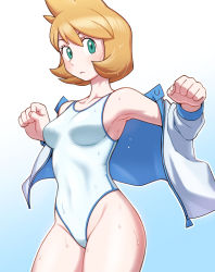 1girl, armpits, bangs, blush, breasts, clenched hands, closed mouth, collarbone, commentary, covered navel, creatures (company), eyelashes, game freak, green eyes, gym leader, hands up, highres, jacket, looking at viewer, misty (pokemon), nintendo, nutkingcall, off shoulder, one-piece swimsuit, open clothes, open jacket, orange hair, pokemon, pokemon (game), pokemon hgss, short hair, solo, swimsuit, wet, white jacket, white swimsuit