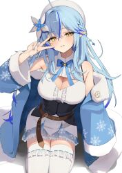 Rule 34 | 1girl, ahoge, bare shoulders, blue jacket, blue nails, blue skirt, blush, breasts, cleavage, cleavage cutout, clothing cutout, dress, flower, hair between eyes, hair flower, hair ornament, hat, highres, hololive, jacket, kneeling, long hair, off shoulder, pointy ears, see-through, see-through skirt, simple background, skirt, solo, thighhighs, thomas 8000, v, virtual youtuber, white background, white dress, white hat, white thighhighs, yukihana lamy, yukihana lamy (1st costume)