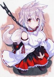 Rule 34 | 1girl, animal ear fluff, animal ears, arm ribbon, bare shoulders, bdsm, black gloves, black skirt, blush, breasts, bridal gauntlets, chain, chain leash, collar, commentary request, detached sleeves, from above, gloves, hair between eyes, highres, inubashiri momiji, kittona, kneeling, large breasts, leash, long sleeves, looking at viewer, no headwear, pom pom (clothes), red collar, red eyes, red ribbon, ribbon, shirt, short hair, sidelocks, silver hair, skirt, slave, solo, sweat, tail, touhou, traditional media, viewer holding leash, white shirt, wide sleeves, wolf ears, wolf tail, wooden floor