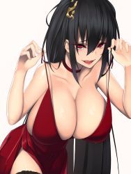 Rule 34 | 1girl, :q, azur lane, black hair, black thighhighs, breasts, choker, cleavage, dress, hair between eyes, hair ornament, highres, huge breasts, leaning forward, licking lips, lifting own clothes, lips, long hair, miyashiro ryuutarou, official alternate costume, red dress, red eyes, side slit, sidelocks, simple background, smile, solo, strap lift, taihou (azur lane), taihou (forbidden feast) (azur lane), thighhighs, tongue, tongue out, very long hair