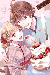 Rule 34 | 1boy, 1girl, ahoge, animal, beads, blue hakama, blueberry, bow, brown eyes, brown hair, brown sash, cake, cream, earrings, flower, flower earrings, food, fruit, hair beads, hair between eyes, hair ornament, hakama, hand on another&#039;s shoulder, heart, heart of string, holding, holding food, holding knife, japanese clothes, jewelry, kimono, knife, light brown hair, looking at another, looking at food, medium hair, natsumoto (pixiv895938), obi, open mouth, original, pink bow, pink kimono, plate, ponytail, red flower, red rose, red sash, red scrunchie, ribbon, rose, sash, scrunchie, short hair, smile, strawberry, string, tan background, tape, teeth, white ribbon, yukata