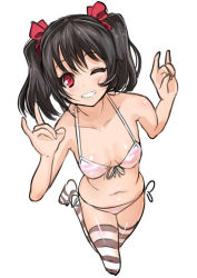 Rule 34 | 10s, 1girl, bad id, bad pixiv id, bikini, black hair, breasts, grin, love live!, love live! school idol project, miyamoto issa, navel, one eye closed, red eyes, short hair, side-tie bikini bottom, simple background, small breasts, smile, solo, striped bikini, striped clothes, striped thighhighs, swimsuit, thighhighs, white background, wink, yazawa nico