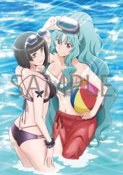 Rule 34 | 2girls, ball, bandages around chest, beachball, black hair, blue hair, bracelet, breasts, bug, butterfly, cleavage, diving goggles, highres, insect, jewelry, large breasts, long hair, mio (tsuki ga michibiku isekai douchuu), multiple girls, official art, red eyes, short hair, smile, sunglasses, sunglasses on head, swimsuit, tomoe (tsuki ga michibiku isekai douchuu), tsuki ga michibiku isekai douchuu, water, yellow eyes
