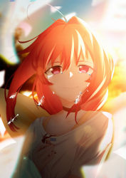 Rule 34 | 1girl, absurdres, ahoge, blurry, blurry background, blurry foreground, bow, closed mouth, collarbone, crying, crying with eyes open, hair between eyes, hair bow, hair intakes, highres, holding, holding stuffed toy, huge bow, kagami sumika, lens flare, long hair, long sleeves, looking at viewer, muv-luv, papers, portrait, red eyes, red hair, shirt, smile, solo, stuffed toy, tears, white shirt, xiaolin rin, yellow bow