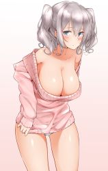 Rule 34 | 1girl, blue eyes, blush, breasts, cleavage, cowboy shot, dress, gradient background, hechi (hechi322), highres, kantai collection, kashima (kancolle), large breasts, leaning forward, long sleeves, no bra, off-shoulder, off-shoulder sweater, off shoulder, panties, silver hair, simple background, sleeves past wrists, solo, sweater, sweater dress, twintails, underwear, white panties