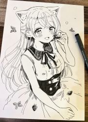 Rule 34 | 1girl, :d, animal ear fluff, animal ears, art tools in frame, bare arms, bare shoulders, blush, breasts, cat ears, center frills, collared shirt, commentary request, dress shirt, food, frills, fruit, hand up, highres, holding, holding food, holding fruit, long hair, looking at viewer, neck ribbon, open mouth, original, photo (medium), pleated skirt, ribbon, sakura oriko, shirt, skirt, sleeveless, sleeveless shirt, small breasts, smile, solo, strawberry, swept bangs, traditional media, very long hair