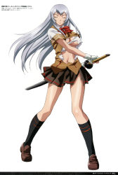 Rule 34 | 1girl, absurdres, black socks, breasts, brown skirt, chouun shiryuu, cleavage, closed eyes, full body, gloves, gotou junji, highres, holding, holding sword, holding weapon, ikkitousen, large breasts, long hair, navel, shirt, silver hair, simple background, skirt, socks, solo, standing, sword, torn clothes, torn shirt, torn skirt, underboob, weapon, white background, white gloves