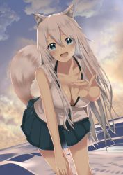 Rule 34 | 1girl, animal ears, blonde hair, blue eyes, blue sky, breasts, cleavage, cloud, commentary request, fox, fox ears, fox tail, hair between eyes, hand on own knee, large breasts, leaning forward, long hair, looking at viewer, ocean, open mouth, original, outstretched hand, pleated skirt, shirt, skirt, sky, sleeveless, sleeveless shirt, smile, solo, tail, takamiya nao