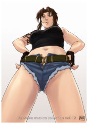 Rule 34 | 1girl, azasuke, bare shoulders, belt, black lagoon, breasts, brown hair, cigarette, fingerless gloves, gloves, hands on own hips, highres, large breasts, legs, looking down, midriff, navel, ponytail, red eyes, revy (black lagoon), short hair, short shorts, shorts, simple background, solo, standing, tank top, tattoo, thighs, white background