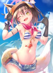 Rule 34 | 1girl, absurdres, animal ear fluff, animal ears, bare arms, bare shoulders, bikini, black hair, blue archive, blue shorts, breasts, crab, denim, denim shorts, fang, fox ears, fox girl, fox shadow puppet, fox tail, hair ornament, halo, highleg, highleg bikini, highres, izuna (blue archive), izuna (swimsuit) (blue archive), kanimiso (juutilainen77), large tail, looking at viewer, micro shorts, navel, official alternate costume, one eye closed, open fly, open mouth, scarf, scrunchie, short hair, shorts, small breasts, smile, solo, string bikini, striped bikini, striped clothes, swimsuit, tail, thighs, visor cap, water, wrist scrunchie, yellow eyes