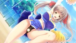 Rule 34 | 1girl, blush, breasts, brown eyes, brown hair, chastity belt, cheerleader, discreet vibrator, game cg, long hair, open mouth, otome switch, pom pom (cheerleading), pussy juice, sakuragi fumika, sex toy, smile, solo, twintails, vibrator