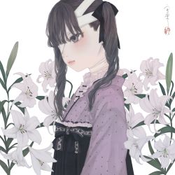 Rule 34 | 1girl, bandage over one eye, bandaged head, bandaged neck, bandages, black hakama, black ribbon, brown eyes, brown hair, closed mouth, commentary, floral print, flower, frilled kimono, frills, from side, hair ribbon, hakama, hakama skirt, highres, japanese clothes, kimono, lace, lace-trimmed kimono, lace trim, lily (flower), long hair, looking away, medibang paint (medium), one eye covered, original, polka dot, polka dot kimono, purple kimono, revision, ribbon, rose print, seal impression, signature, simple background, skirt, solo, standing, twintails, twintails day, upper body, ushiyama ame, white background, white flower