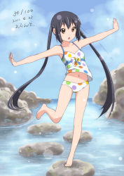 Rule 34 | 1girl, 2011, :o, artist name, balancing, barefoot, black hair, brown eyes, dated, day, errant, full body, k-on!, light particles, long hair, midriff peek, nakano azusa, navel, outstretched arms, polka dot, rock, solo, spread arms, standing, standing on one leg, swimsuit, twintails, very long hair, water