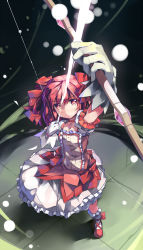 Rule 34 | 10s, 1girl, blush, bow, bow (weapon), bubble skirt, dress, foreshortening, gloves, hair ribbon, highres, huanxiang huifeng, kaname madoka, magical girl, mahou shoujo madoka magica, mahou shoujo madoka magica (anime), nodata, pink eyes, pink hair, ribbon, short hair, short twintails, skirt, solo, soul gem, tears, twintails, weapon
