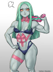 Rule 34 | 1girl, abs, alternate muscle size, blue skin, bra, breasts, breath, cheekie, colored sclera, colored skin, cyberpunk, cyberpunk (series), cyberpunk 2077, cyberpunk edgerunners, cyborg, female focus, gradient background, green eyes, green hair, grey background, gun, hand on own hip, handgun, linea alba, long hair, looking at viewer, muscular, muscular arms, muscular female, navel, pink tattoo, pout, rebecca (cyberpunk), red pupils, red sclera, science fiction, simple background, small breasts, solo, standing, tareme, tattoo, underwear, watermark, weapon