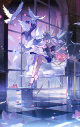 Rule 34 | 1girl, absurdres, bird, blue dress, blue eyes, blue footwear, checkered floor, closed mouth, commentary request, detached sleeves, dove, dress, floating hair, frilled sleeves, frills, glass, grand piano, head wings, highres, honkai: star rail, honkai (series), instrument, looking at viewer, piano, robin (honkai: star rail), shoes, sitting, sitting on piano, smile, solo, stool, strapless, strapless dress, su zhi, wings