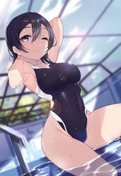 Rule 34 | 1girl, ;), absurdres, arms behind head, arms up, black eyes, black hair, black one-piece swimsuit, blurry, blurry background, breasts, closed mouth, commentary request, competition swimsuit, day, depth of field, dutch angle, highleg, highleg swimsuit, highres, indoors, looking at viewer, love live!, love live! sunshine!!, medium breasts, medium hair, one-piece swimsuit, one eye closed, pool, revision, smile, solo, swimsuit, thighs, wading, watanabe tsuki, water, wet, wet hair, yamaori (yamaorimon)