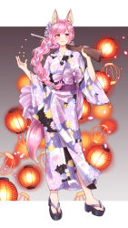 Rule 34 | 1girl, animal ears, bad id, bad pixiv id, blush, braid, character request, floral print, full body, fuurinrin5, grey background, gun, highres, holding, holding gun, holding weapon, japanese clothes, kimono, lantern, long hair, looking at viewer, nail polish, over shoulder, paper lantern, pink eyes, pink hair, platform clogs, purple kimono, purple nails, smile, solo, standing, teria saga, very long hair, weapon, wide sleeves
