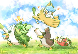 Rule 34 | &gt; &lt;, bird, blue eyes, blue sky, blush stickers, bright pupils, brown eyes, creatures (company), dated, duck, fang, farfetch&#039;d, flying, food, food in mouth, fuecoco, galarian farfetch&#039;d, game freak, gen 1 pokemon, gen 8 pokemon, grass, holding, holding food, holding vegetable, musical note, nintendo, nose bubble, open mouth, pokemon, quaxly, shuri (syurigame), signature, sirfetch&#039;d, sky, sleeping, sprigatito, spring onion, thick eyebrows, vegetable, white pupils