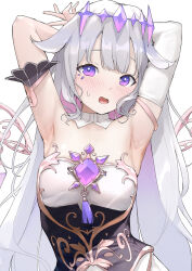 Rule 34 | 1girl, armpits, arms behind head, arms up, bare shoulders, blush, breasts, commentary, detached collar, dress, elbow gloves, english commentary, gloves, gradient eyes, hair flaps, hair ornament, highres, hololive, hololive english, koseki bijou, koseki bijou (1st costume), long hair, looking at viewer, mitsuru (pixiv 34028718), mixed-language commentary, multicolored eyes, open mouth, pink eyes, presenting armpit, purple eyes, simple background, single elbow glove, small breasts, solo, strapless, strapless dress, sweatdrop, upper body, virtual youtuber, white background, white dress, white gloves, white hair