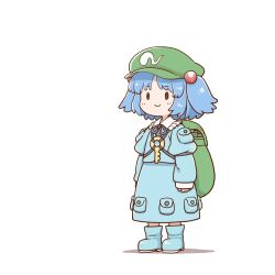 Rule 34 | 1girl, backpack, bag, blue footwear, blue hair, blue shirt, boots, chibi, commentary, flat cap, green hat, hair bobbles, hair ornament, hat, kappa, kawashiro nitori, key, long sleeves, medium hair, pocket, poronegi, rubber boots, shirt, skirt, skirt set, smile, solid oval eyes, solo, touhou, twintails, two side up, white background