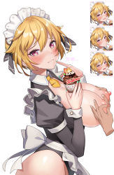 Rule 34 | 1girl, absurdres, alternate costume, apron, aqua nails, black leotard, blonde hair, blush, breasts, breasts out, cleavage, closed mouth, collared leotard, commentary, cowboy shot, cupcake, enmaided, expressions, finger to mouth, fingernails, food, frilled apron, frills, from side, fruit, grabbing, grabbing another&#039;s breast, hair between eyes, hair flaps, hands up, heart, highres, holding, holding food, ibuki tsubasa, idolmaster, idolmaster million live!, idolmaster million live! theater days, juliet sleeves, large breasts, leotard, long sleeves, looking at viewer, looking to the side, machi (machi333), maid, maid headdress, nail polish, necktie, nipple stimulation, nipple tweak, nipples, pink eyes, puffy nipples, puffy sleeves, short hair, short necktie, simple background, solo focus, standing, strawberry, sweatdrop, translation request, wavy mouth, white apron, white background, yellow necktie