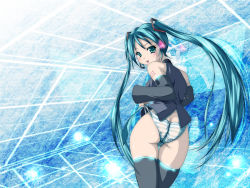 Rule 34 | 1girl, aqua eyes, aqua hair, ass, bad id, bad pixiv id, blush, detached sleeves, from behind, hatsune miku, headset, highres, long hair, looking back, mahiro aki, necktie, no pants, panties, solo, striped clothes, striped panties, thighhighs, twintails, underwear, very long hair, vocaloid, zoom layer