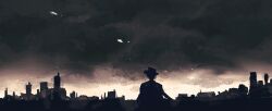 Rule 34 | 1boy, absurdres, building, ccccl., chinese commentary, city, cityscape, cloud, cloudy sky, commentary, fedora, hat, highres, limited palette, male focus, mr. fox (path to nowhere), outdoors, path to nowhere, raincloud, silhouette, sky, skyscraper, solo, sunrise, upper body