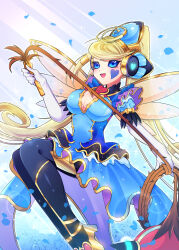 Rule 34 | 1girl, blonde hair, blue dress, blue eyes, blue heart, blue sclera, cleavage cutout, clothing cutout, colored sclera, dress, duel monster, elbow gloves, feet out of frame, gloves, high heels, high ponytail, highres, holding, holding whip, long hair, open mouth, short sleeves, solo, thorns, trickstar holly angel, very long hair, white gloves, yu-gi-oh!, yukiha (yukiha 321)