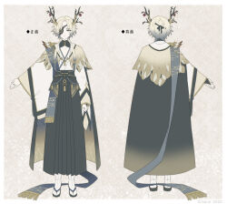 Rule 34 | 1boy, antlers, apple, arm at side, black bridal gauntlets, black cape, black collar, black eyes, black hakama, black sash, blonde hair, blue sash, border, bridal gauntlets, cape, capelet, character sheet, closed mouth, collar, collarbone, commission, eyepatch, flower knot, food, fringe trim, fruit, full body, gradient cape, gradient clothes, gradient hair, grey hair, hair over shoulder, hair tubes, hakama, horns, japanese clothes, kimono, light smile, long hair, looking at viewer, low-tied long hair, male focus, mono (miso kuronowish), multicolored hair, multiple views, original, outstretched arm, parted bangs, plunging neckline, sandals, sash, shippou (pattern), shoulder sash, socks, solo, standing, tabi, tassel, turnaround, white border, white kimono, white socks, yellow background, yellow capelet, zouri