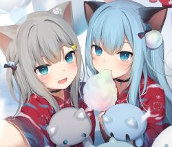 Rule 34 | 2girls, :d, amashiro natsuki, animal ear fluff, animal ears, black choker, blue eyes, blue hair, blush, cat ears, cat hair ornament, choker, collarbone, commentary, cotton candy, eating, eyebrows hidden by hair, facial mark, fang, food, grey hair, hair between eyes, hair ornament, hairclip, highres, holding, holding food, japanese clothes, kimono, long hair, long sleeves, looking at viewer, multiple girls, nachoneko, nekoha shizuku, hugging object, one side up, open mouth, original, paw print, print kimono, reaching, reaching towards viewer, red kimono, romaji commentary, selfie, smile, stuffed animal, stuffed cat, stuffed toy, upper body, whisker markings, wide sleeves