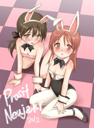 Rule 34 | 2girls, animal ears, bare legs, blush, bow, bowtie, breasts, brown eyes, brown hair, checkered floor, child, cleavage, detached collar, fake animal ears, gertrud barkhorn, hair ornament, long hair, minna-dietlinde wilcke, miritsu, mirutsu (milts), multiple girls, open mouth, pantyhose, playboy bunny, rabbit ears, red eyes, red hair, ribbon, sitting, small breasts, strike witches, white legwear, world witches series, wrist cuffs, aged down