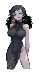 Rule 34 | 1girl, absurdres, armpit crease, bare arms, binah (project moon), black dress, black hair, blonde hair, breasts, china dress, chinese clothes, covered navel, dress, earrings, fur collar, grin, groin, hexagon print, highres, jewelry, large breasts, lobotomy corporation, looking at viewer, medium hair, mole, mole under eye, moth ram, project moon, simple background, single earring, sleeveless, sleeveless dress, smile, solo, turtleneck, turtleneck dress, white background, yellow eyes