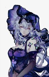 Rule 34 | 1girl, bare shoulders, black swan (honkai: star rail), breasts, cleavage, commentary request, dress, elbow gloves, gloves, grey background, grey hair, highres, honkai: star rail, honkai (series), long hair, looking at viewer, medium breasts, mulihaohao, purple dress, purple eyes, simple background, sleeveless, sleeveless dress, smile, solo, upper body, veil, very long hair