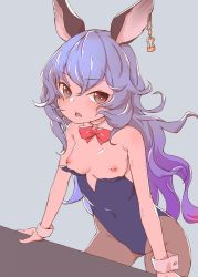 Rule 34 | 10s, 1girl, blue background, blue hair, bow, bowtie, breasts, brown eyes, brown pantyhose, contrapposto, covered navel, detached collar, earrings, erune, ferry (granblue fantasy), gluteal fold, granblue fantasy, highres, jewelry, leaning forward, leotard, leotard pull, long hair, nipples, open mouth, pantyhose, simple background, small breasts, solo, standing, tsukasa takashi, wrist cuffs