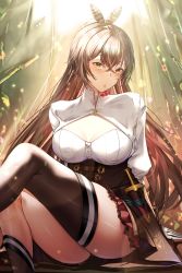 Rule 34 | 1girl, absurdres, arms behind back, black thighhighs, blurry, blurry background, blush, breasts, brown corset, brown eyes, brown hair, casual, cherry, closed mouth, commentary, corset, dagger, dated commentary, feet out of frame, food, fruit, highres, hololive, hololive english, holstered, jacket, knife, legs, long hair, looking at viewer, medium breasts, misa pika, mouth hold, nanashi mumei, ponytail, red skirt, short sleeves, sitting, skirt, solo, thighhighs, thighs, virtual youtuber, weapon, white jacket