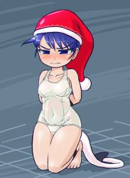 Rule 34 | 1girl, arms behind back, bdsm, blue eyes, blue hair, blush, bondage, bound, bound ankles, bound wrists, breasts, collarbone, doremy sweet, hat, matching hair/eyes, medium breasts, nightcap, one-piece swimsuit, school swimsuit, solo, swimsuit, tail, tapir tail, touhou, white school swimsuit, white one-piece swimsuit, winn