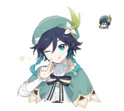 Rule 34 | 1boy, androgynous, beret, black hair, braid, brooch, cape, collared cape, finger to mouth, flower, frilled sleeves, frills, genshin impact, genshin impact sticker redraw (meme), gradient hair, green cape, green eyes, green hair, green hat, hair between eyes, hat, hat flower, highres, jewelry, juliet sleeves, long sleeves, meme, multicolored hair, one eye closed, puffy sleeves, q (oshikuraq), reference inset, shirt, short hair with long locks, simple background, solo, star (symbol), tongue, tongue out, twin braids, venti (genshin impact), white background, white shirt