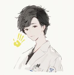 Rule 34 | 1boy, black hair, breast pocket, closed mouth, copyright request, grey background, handprint, lab coat, light smile, looking at viewer, male focus, mo (mocopo), pen, pocket, simple background, solo