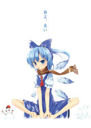 Rule 34 | 1girl, alternate hairstyle, barefoot, blue eyes, blue hair, bow, cirno, detached wings, full body, hair bow, highres, ice, ice wings, ilis, matching hair/eyes, open mouth, ponytail, puffy sleeves, scarf, short hair, short sleeves, simple background, snowman, solo, touhou, translation request, white background, wings