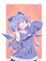 Rule 34 | 1girl, absurdres, alternate costume, blue bow, blue eyes, blue hair, blue sweater, border, bow, cirno, dr. addamelech, hair bow, highres, ice, ice wings, large bow, long sleeves, looking at viewer, mountain, red background, short hair, solo, sweater, touhou, white border, wings