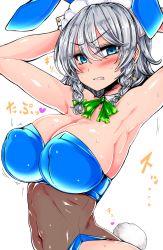 Rule 34 | 1girl, alternate costume, animal ears, armpits, arms up, blue eyes, blush, braid, breasts, cleavage, covered erect nipples, detached collar, earrings, grey hair, highres, izayoi sakuya, jewelry, large breasts, looking at viewer, maid headdress, navel, playboy bunny, rabbit ears, rabbit tail, roki (hirokix), see-through, simple background, solo, sweat, tail, touhou, translation request, upper body, white background, wrist cuffs