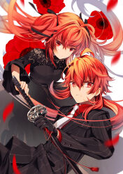 Rule 34 | 1boy, 1girl, black dress, black gloves, black ribbon, black suit, closed mouth, collared shirt, dress, earrings, fate/grand order, fate/grand order arcade, fate (series), formal, gloves, hair ribbon, highres, holding, holding sword, holding weapon, jewelry, long hair, long sleeves, looking at viewer, necktie, orange eyes, orange hair, pinstripe pattern, pinstripe suit, ponytail, rama (fate), red shirt, ribbon, satoimo (3311 mi), shirt, short hair with long locks, simple background, sita (fate), striped, suit, sword, twintails, weapon, white background, white necktie