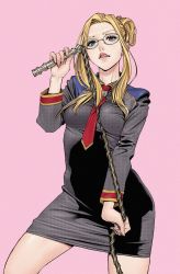 Rule 34 | 1girl, alternate costume, between breasts, blonde hair, blue eyes, breasts, eyelashes, final fantasy, final fantasy viii, glasses, head tilt, highres, holding, holding whip, komi shin&#039;ya, looking at viewer, necktie, necktie between breasts, open mouth, pink background, quistis trepe, simple background, solo, standing, uniform, whip