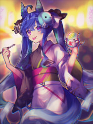 Rule 34 | 1girl, :p, @ @, ahoge, animal ears, black nails, blue eyes, blue hair, blurry, blurry background, bokeh, bow, closed mouth, commentary request, cowboy shot, crossed bangs, depth of field, food, hair bow, hands up, heterochromia, highres, holding, holding food, horse ears, horse girl, horse tail, japanese clothes, kimono, lantern, light blush, looking at viewer, maigo (user xkwr8585), mask, mask on head, multicolored clothes, multicolored kimono, nail polish, obi, paper lantern, purple eyes, rabbit mask, sash, shaved ice, sidelocks, solo, spoon straw, striped, striped bow, summer festival, tail, tongue, tongue out, twin turbo (umamusume), twintails, umamusume, yukata
