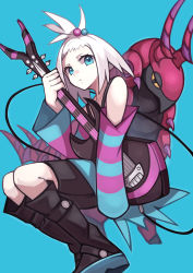 Rule 34 | 1girl, absurdres, bass guitar, black footwear, blue background, blue eyes, boots, cable, closed mouth, commentary, creatures (company), dress, eyelashes, game freak, gen 5 pokemon, hair bobbles, hair ornament, highres, holding, holding instrument, instrument, looking at viewer, nana kamiii, nintendo, platform boots, platform footwear, pokemon, pokemon (creature), pokemon bw2, roxie (pokemon), scolipede, simple background, spiked hair, striped clothes, striped dress, topknot, two-tone dress, white hair
