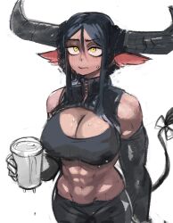 33dot abs animal_ears black_hair braid braided_bun breasts cleavage cow_ears cow_girl cow_tail cup hair_bun highres holding holding_cup horns looking_up midriff muscular muscular_female original tail yellow_eyes